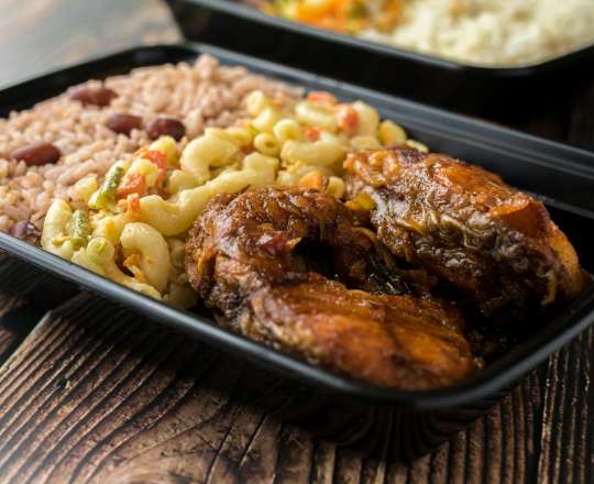 Mac Cheese Rice and Jerk Chicken
